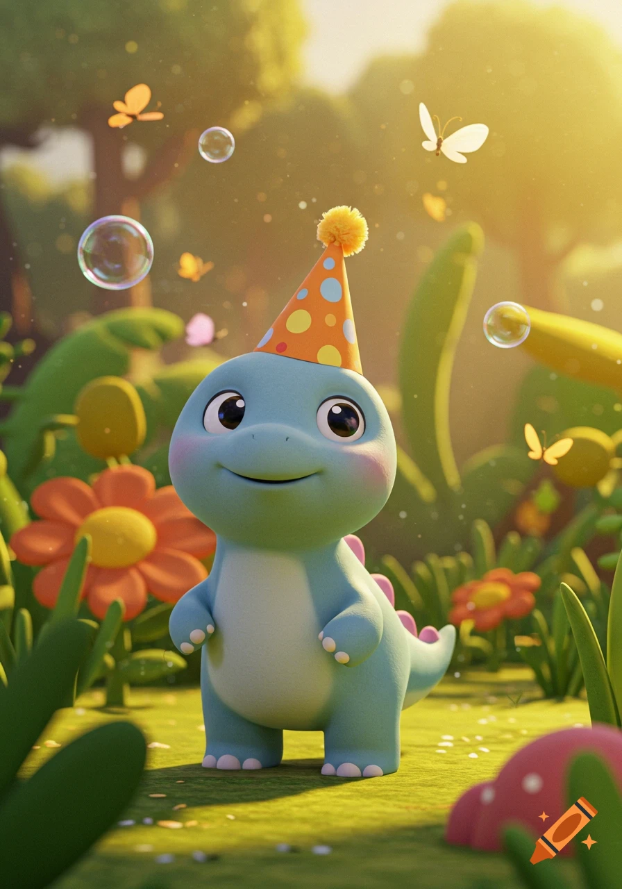 A cute, blue cartoon dinosaur wearing an orange party hat with polka dots stands in a sunny garden with flowers and butterflies.