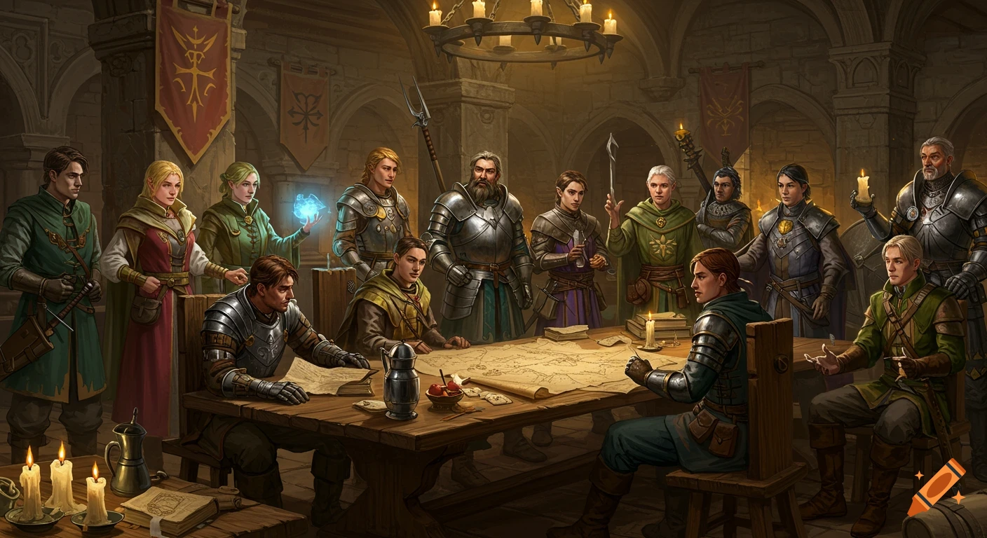A large group of medieval fantasy characters, some in armor, some wielding magic, gathered around a table with maps in a dimly lit stone hall.