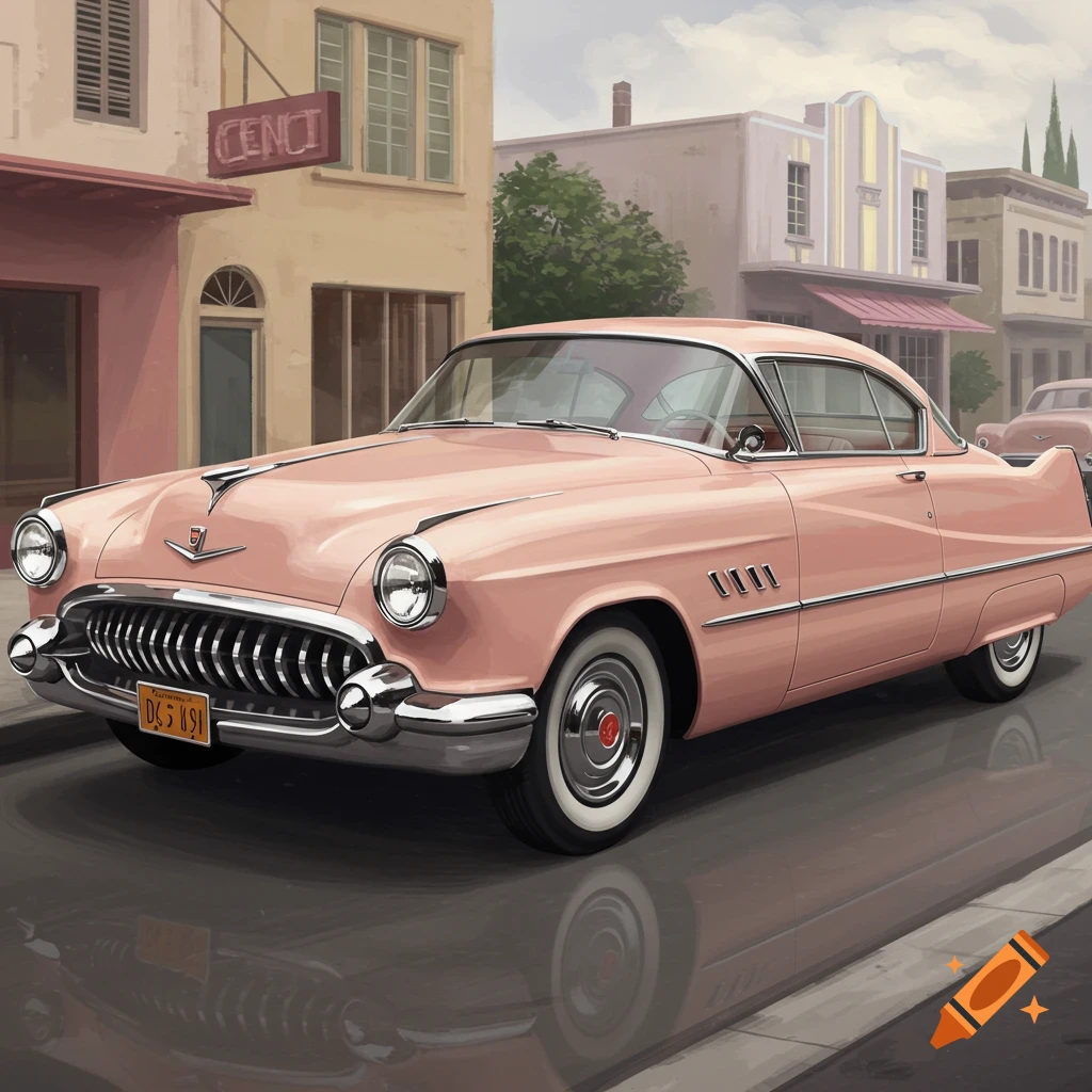 A pink vintage 1950s car with chrome accents parked on a street in front of classic buildings, with a reflection on the wet pavement.
