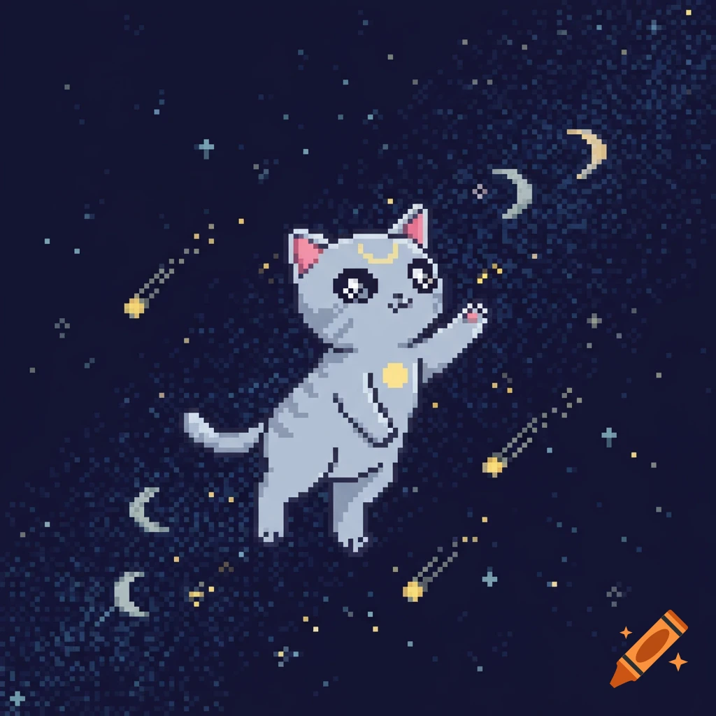 Grey pixel art cat with a crescent moon on its forehead floats among stars and moons in space.