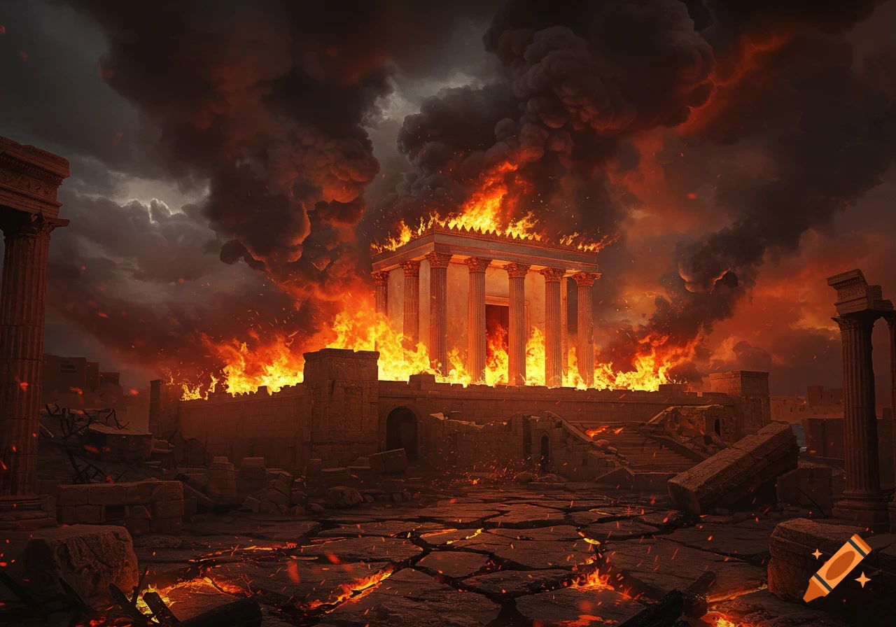 A grand temple engulfed in massive flames and thick black smoke, surrounded by crumbling ruins and cracked ground under a dark, stormy sky.