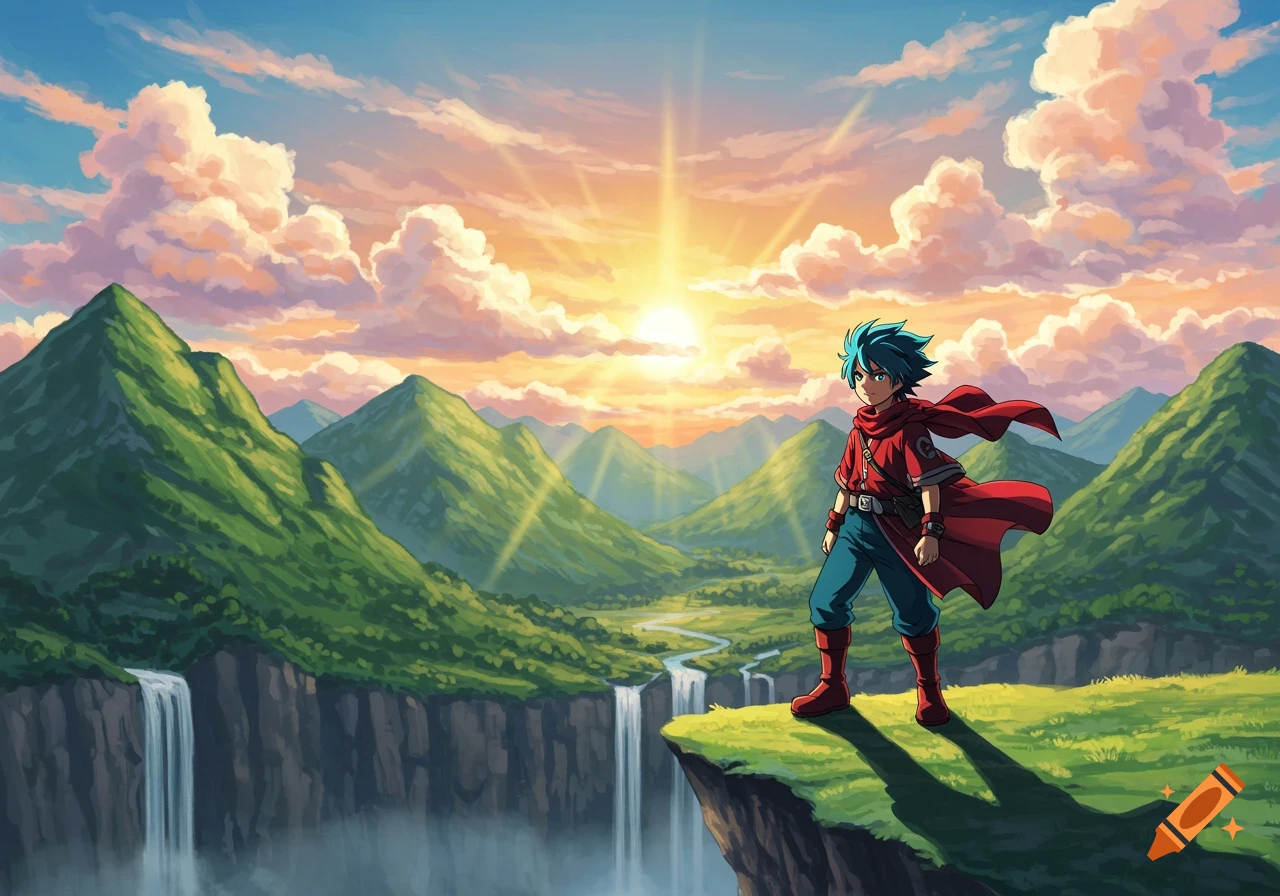 An anime character with blue hair and a red cape stands on a cliff overlooking a vast mountain landscape with waterfalls at sunset.
