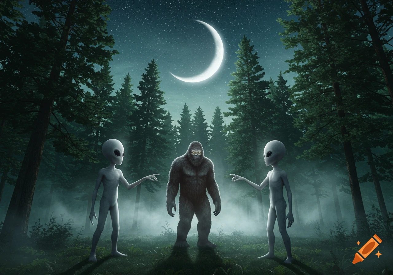 Two grey aliens stand on either side of a large Bigfoot in a misty, dark forest under a crescent moon.