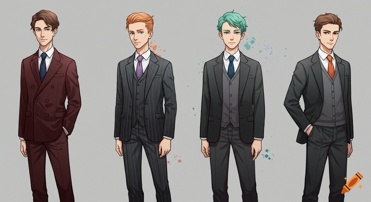 Four anime-style men in various suits standing in a row on a gray background.