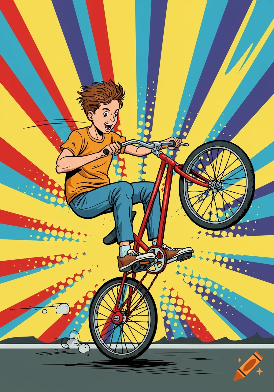 A boy in a pop art style illustration performs a wheelie on a red bicycle against a background of yellow, red, and blue radial stripes.
