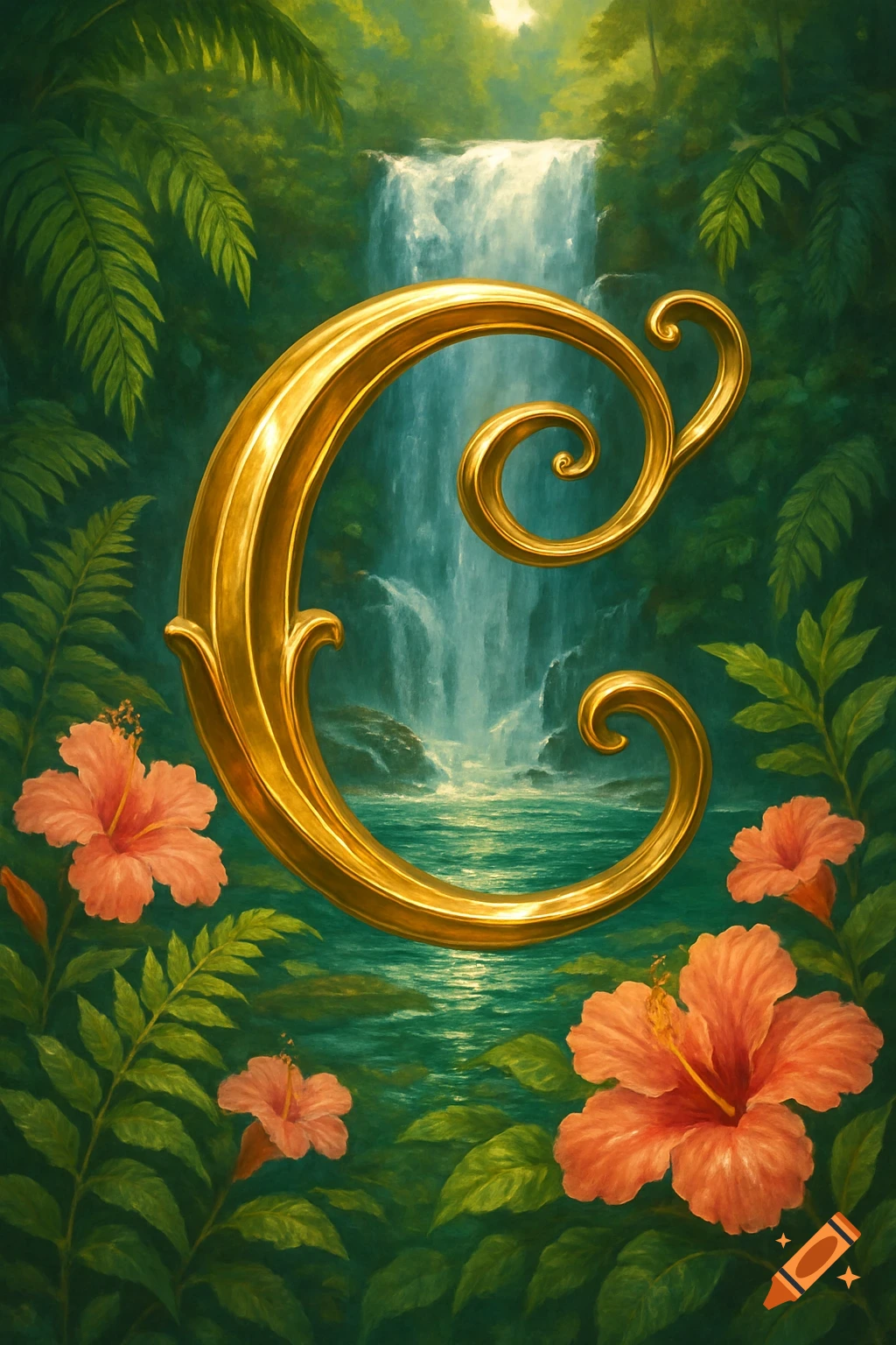 An ornate golden letter C in front of a lush jungle waterfall with orange hibiscus flowers, in an artistic painting style.