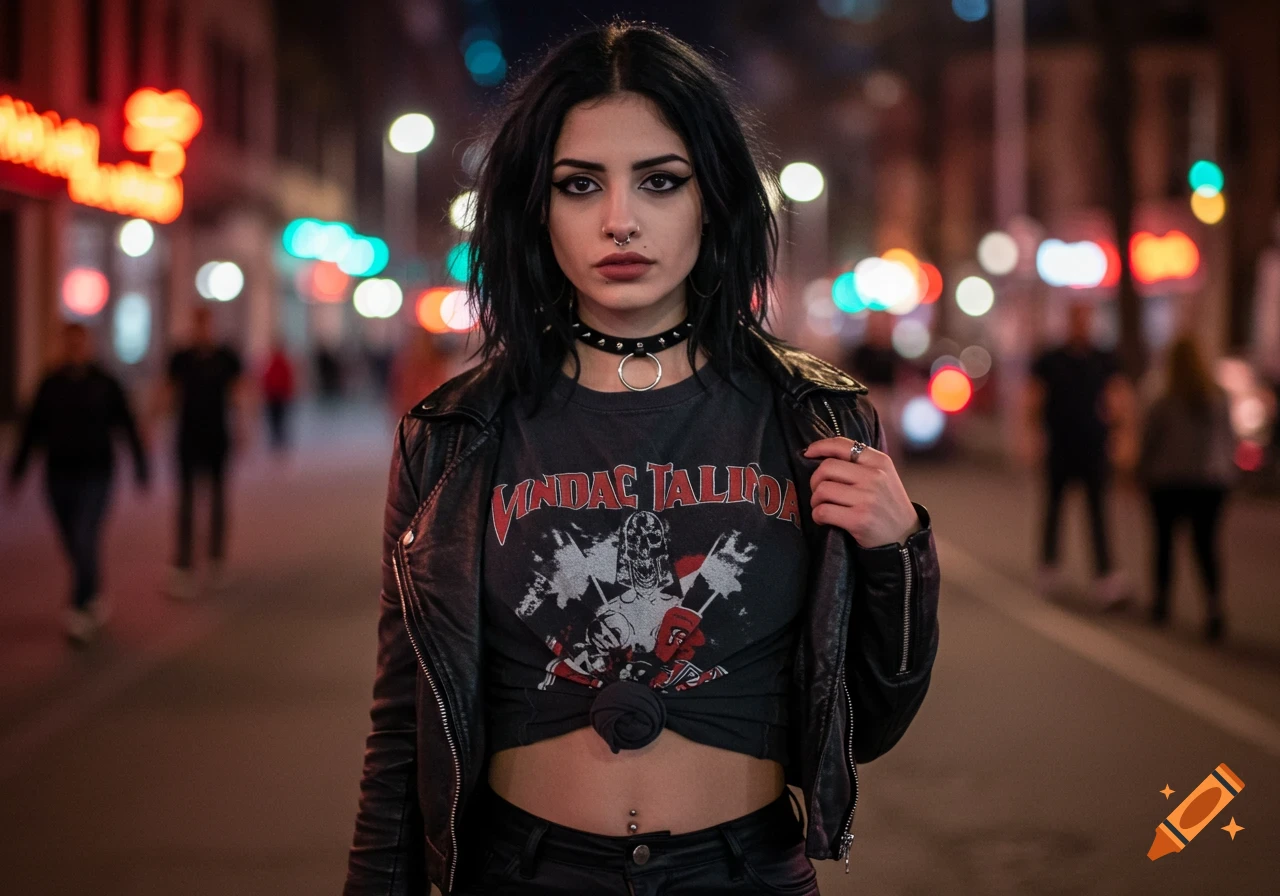 A woman with dark hair and a septum piercing wearing a leather jacket and a graphic t-shirt stands on a blurred city street at night.