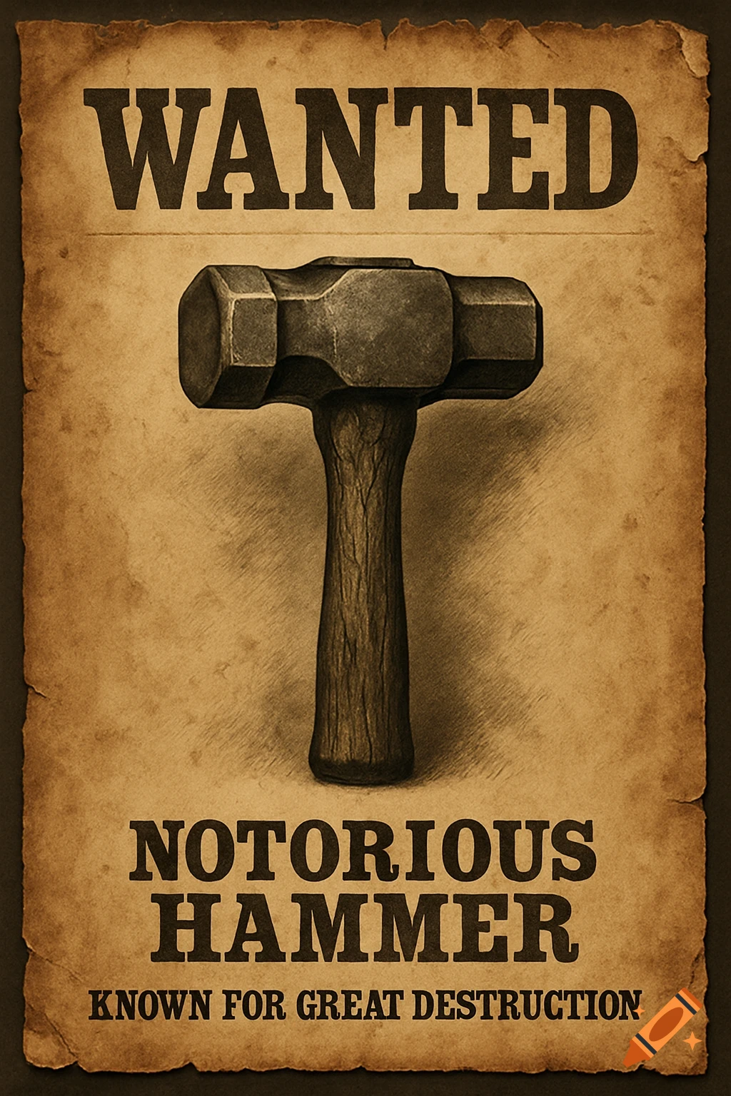 A vintage-style wanted poster on distressed paper, featuring a hammer and text 'Wanted: Notorious Hammer'.