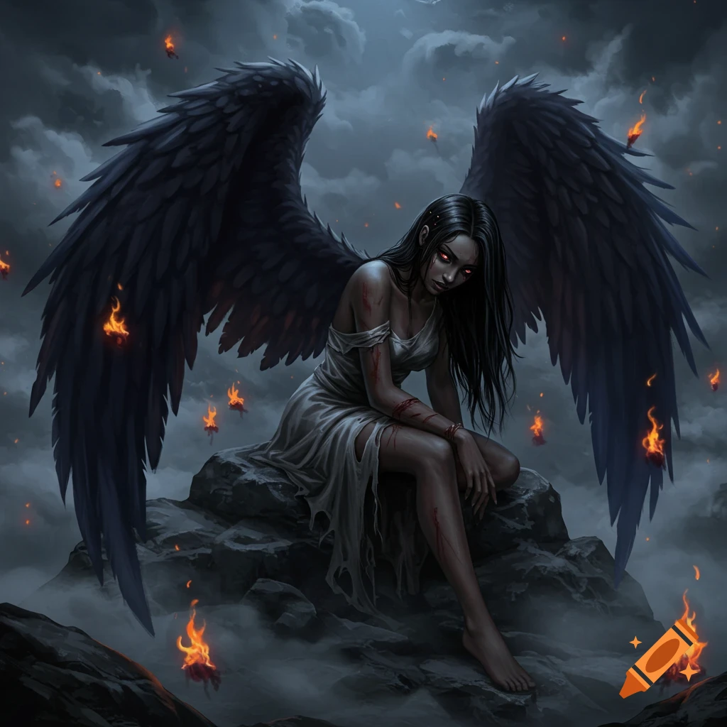 Digital painting of a dark-haired fallen angel with large black wings and red eyes, sitting on rocks amidst mist and floating flames.