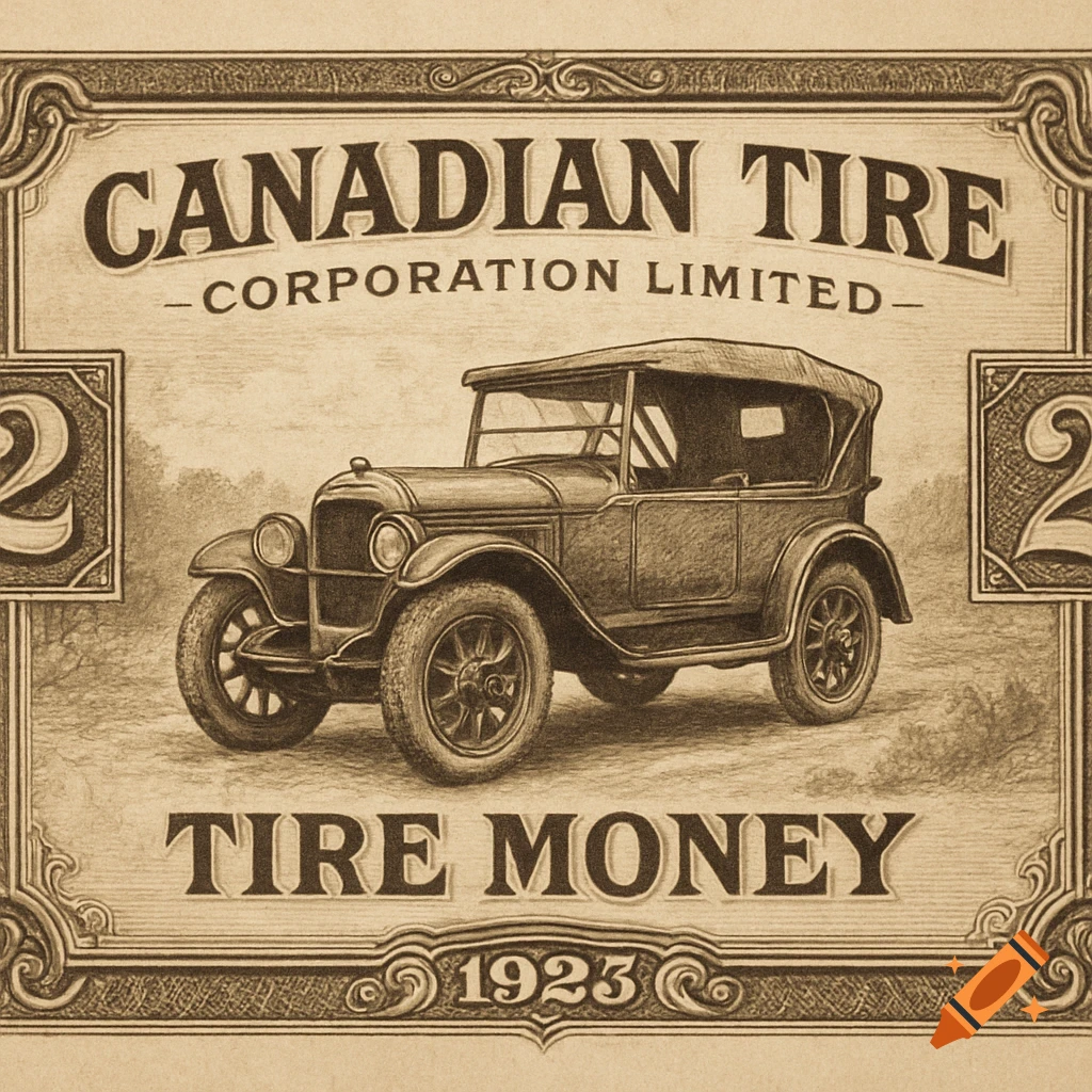 Vintage sepia-toned illustration of an old car on a Canadian Tire money certificate, dated 1923.