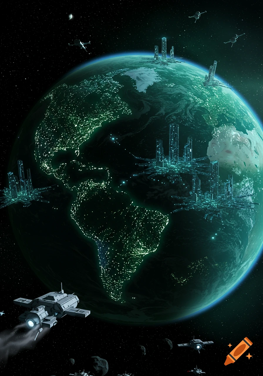 A futuristic Earth seen from orbit, with glowing green city lights and tall crystalline structures on its surface, surrounded by spaceships and asteroids in deep space.
