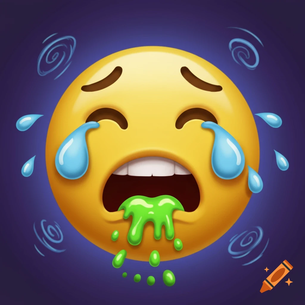 A yellow emoji with tears streaming down its face and green vomit coming from its mouth, set against a dark purple background.