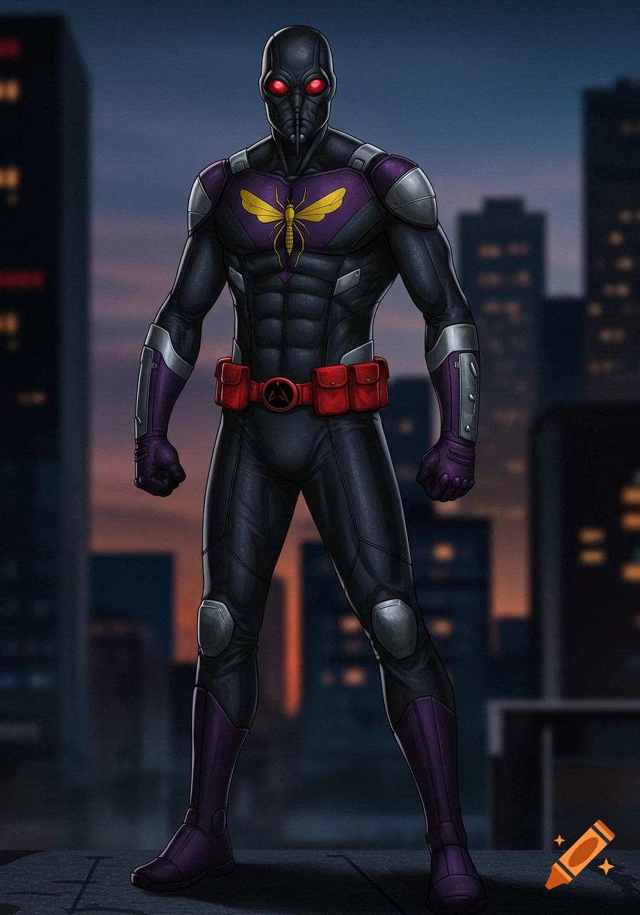 A superhero in a black and purple costume with a yellow mosquito symbol, red eyes, and a utility belt, standing against a city skyline.