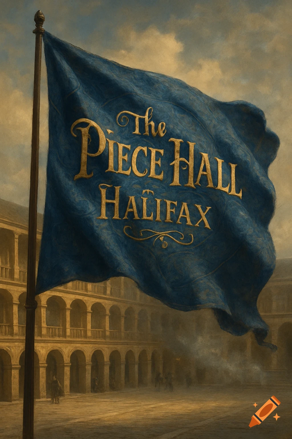A large blue flag with 'The Piece Hall Halifax' in gold script waves in front of a grand, arcaded building, rendered in a painterly medieval style.