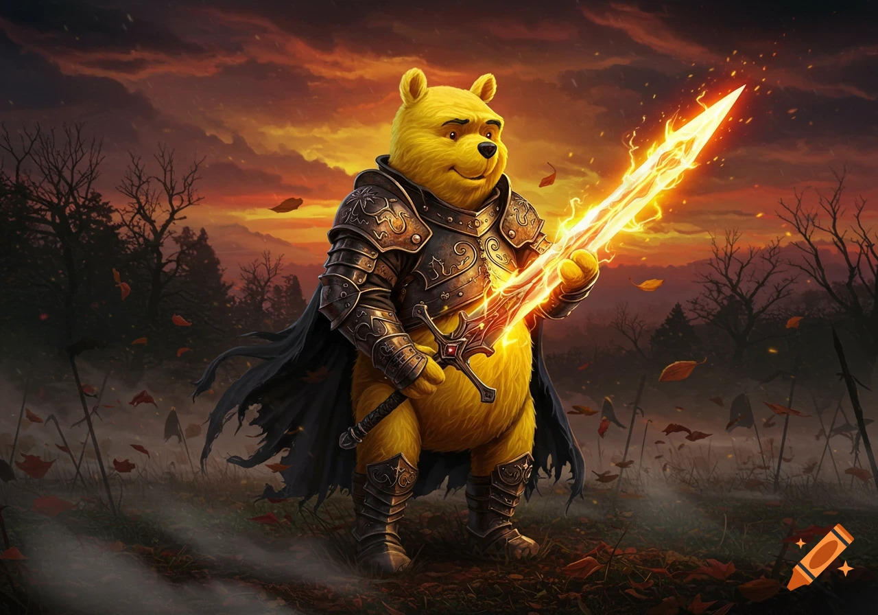 Winnie the Pooh in ornate dark armor holds a glowing golden sword in a misty, leaf-strewn forest at sunset. Digital art.