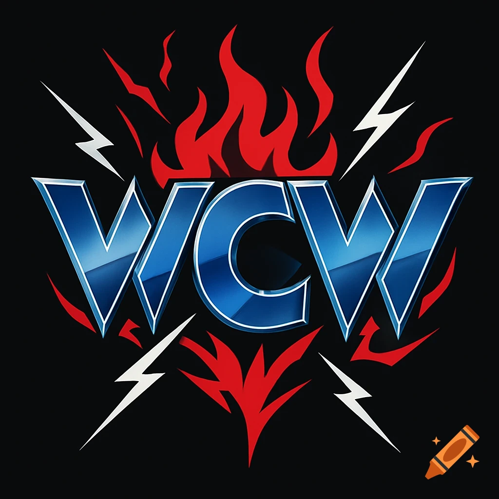 A blue, metallic WCW logo with red flames and white lightning bolts on a black background.