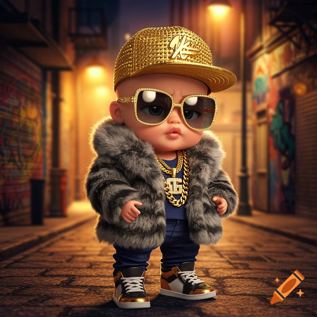 A stylized baby character wearing a fur coat, gold chains, sunglasses, and a gold baseball cap stands on a city street at night.