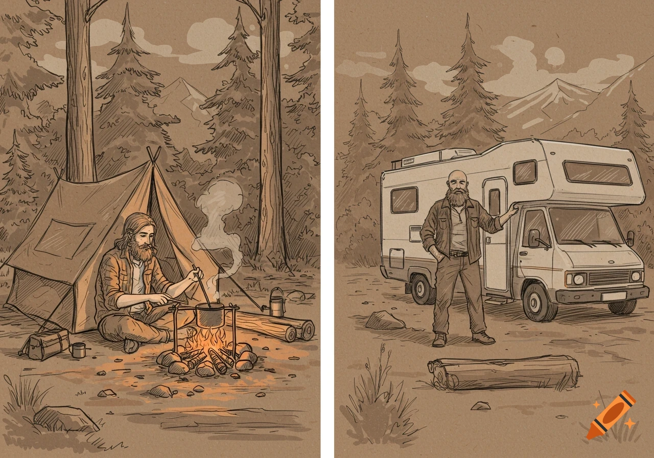 A sketch illustration showing two scenes: on the left, a long-haired man with a beard cooks over a campfire next to a tent; on the right, a bald man with a beard stands by an RV in a forest.