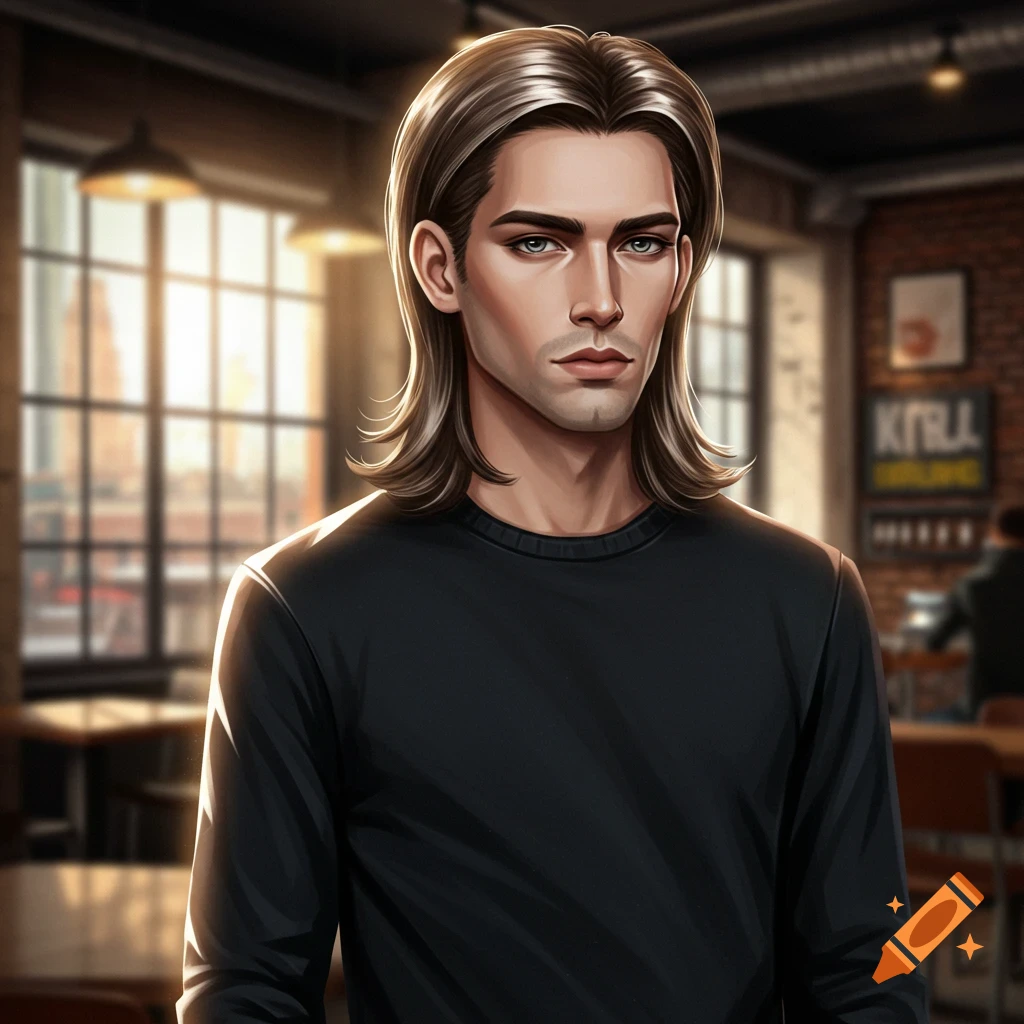 Digital art portrait of a man with long, middle-parted hair in a black shirt, looking forward in a cafe.