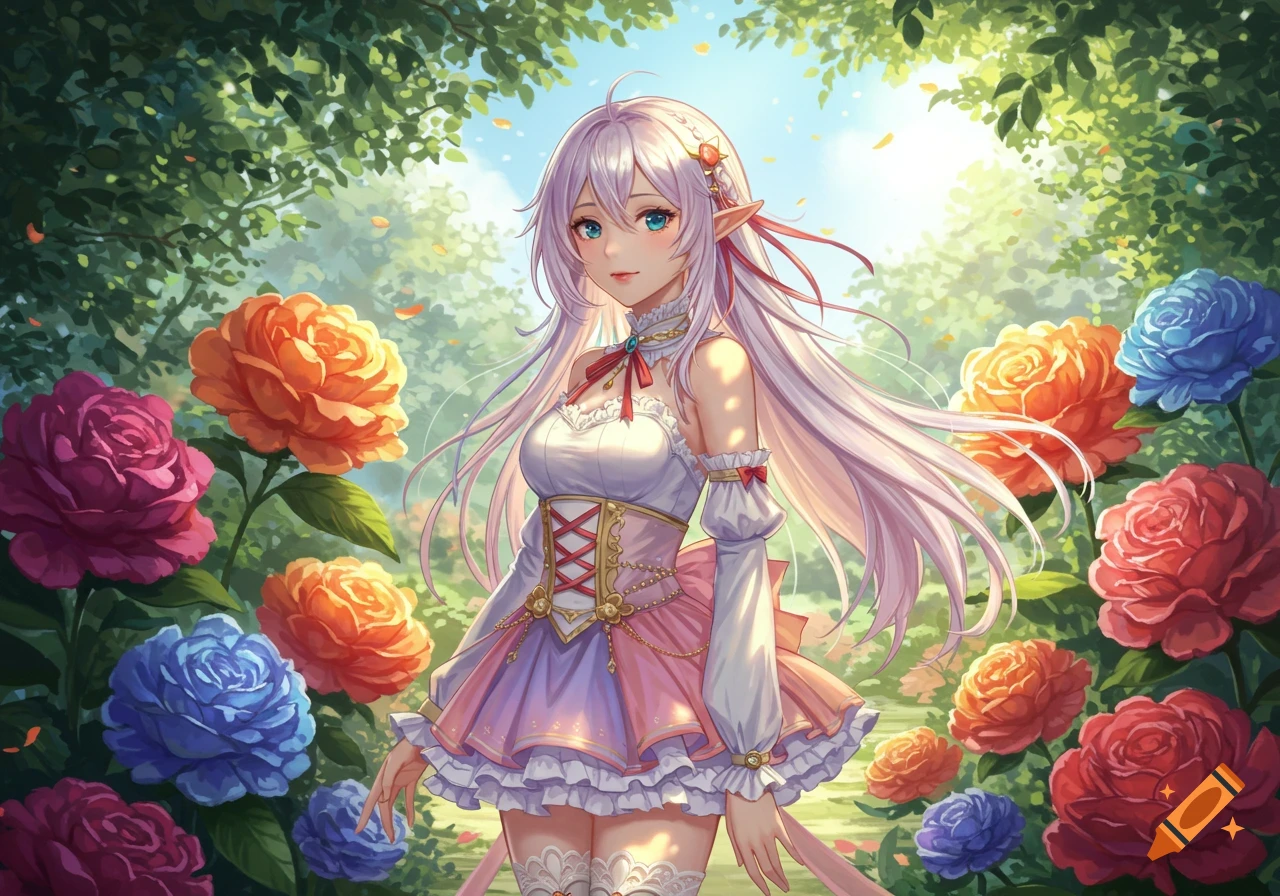 An anime girl with long white hair and elf ears in a white and pink dress stands in a vibrant garden of colorful roses.