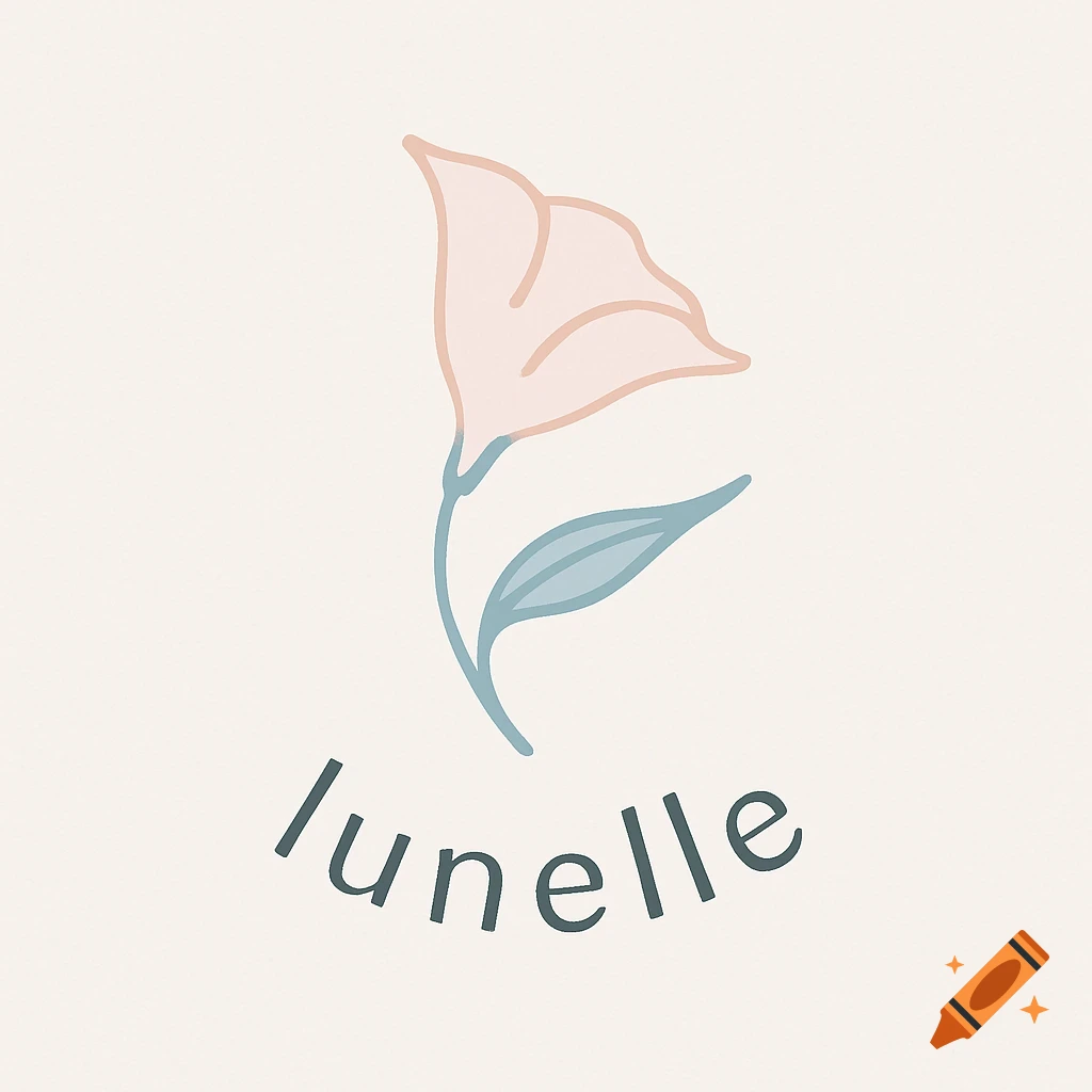 Minimalist logo featuring a stylized pale pink flower with a light blue stem and leaf, and the word 'lunelle' in dark blue lowercase text below it.