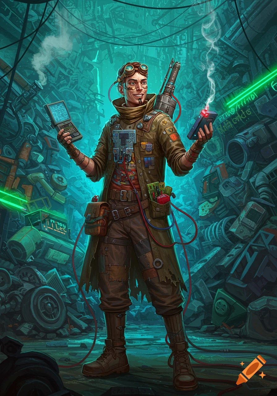 A smiling retro-futuristic scavenger/engineer in a junkyard, holding a laptop and glowing device amidst wires and discarded tech.