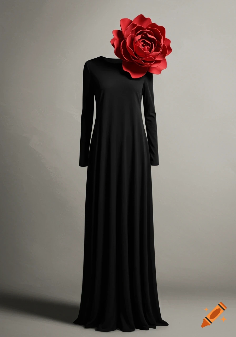 A long, loose black dress on a headless mannequin with a large red flower on the right shoulder.