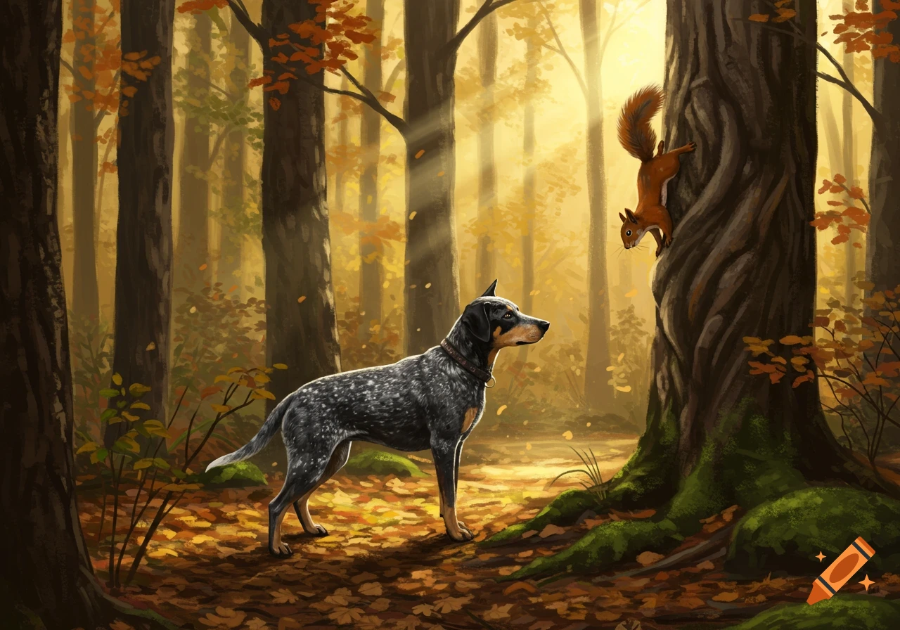 Blue tick hound dog looks up at a squirrel on a tree in a sunlit autumn forest. Illustration.