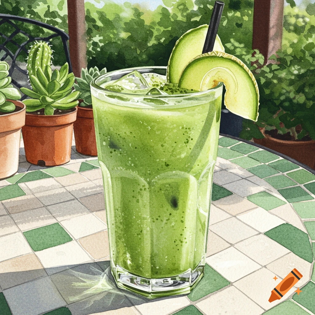 A vibrant green iced honeydew-pistachio matcha drink with melon slices and a black straw, set on a tiled table with potted plants in the background, in a watercolor style.
