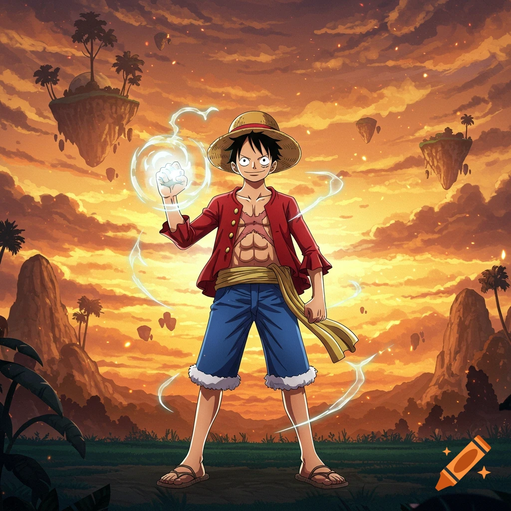 Anime character Monkey D. Luffy stands with glowing power in his hand against a dramatic sunset sky with floating islands.