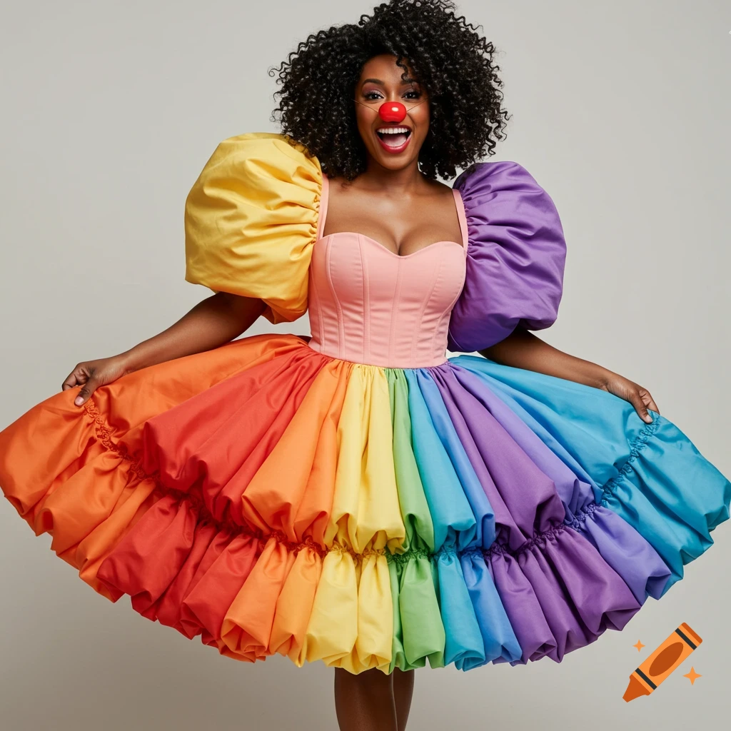 African American woman in a vibrant rainbow puffy dress and a red clown nose smiling.