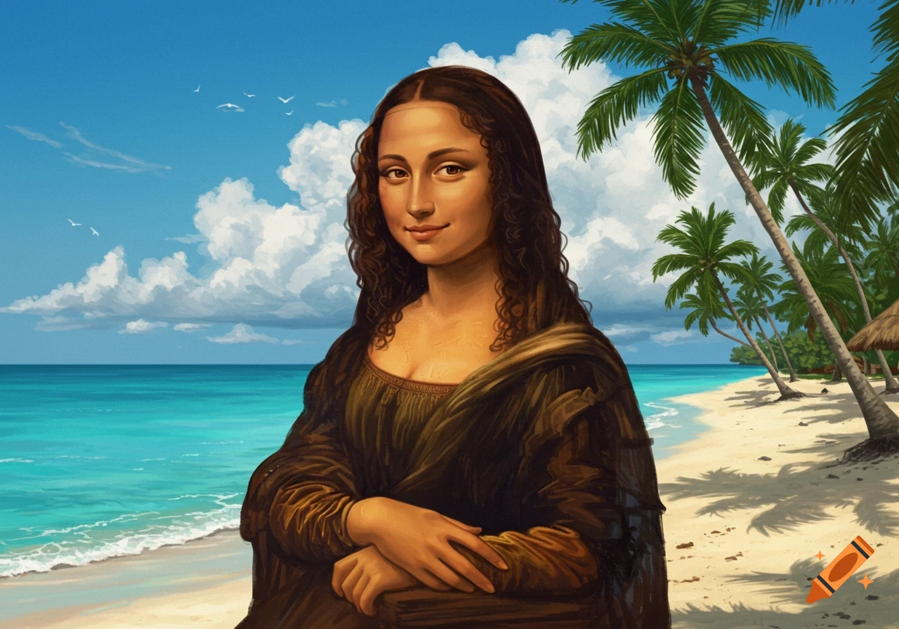 Mona Lisa portrait standing on a tropical beach with palm trees and blue ocean.