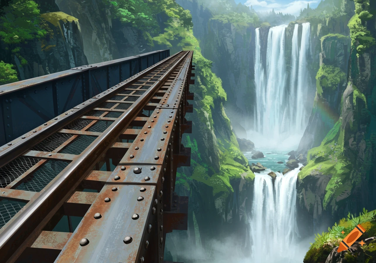 A metal railroad bridge extends over a lush green valley with large waterfalls cascading down cliffs in the background.