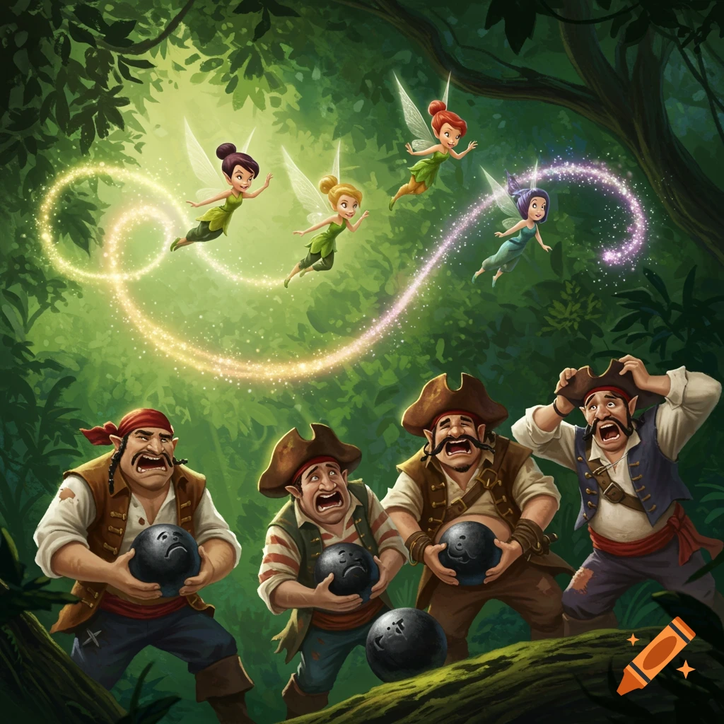 Whimsical illustration of four fairies flying above three scared pirates in a jungle, who hold cannonballs with sad faces.