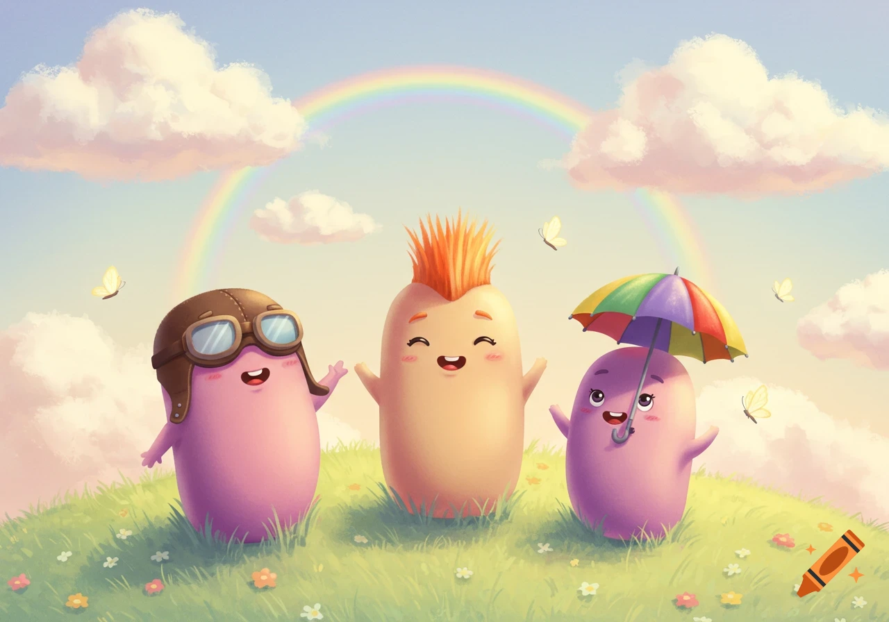 Three happy, potato-like cartoon characters on a grassy hill under a rainbow with clouds and butterflies.
