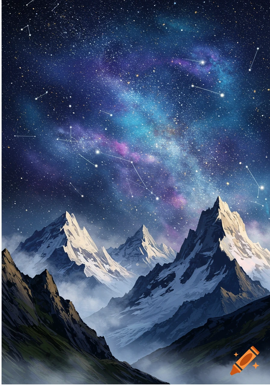 A painted view of snow-capped mountains under a vibrant, star-filled cosmic night sky with the Milky Way visible.