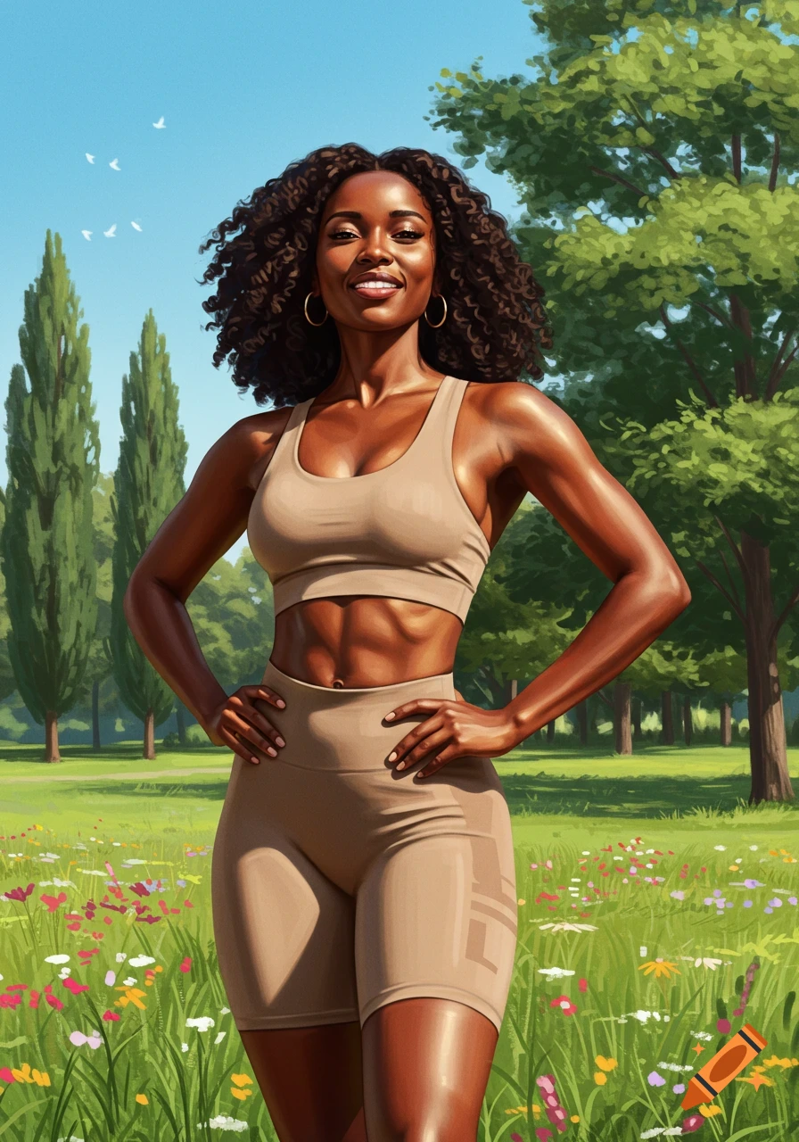 A fit Black woman with curly hair, wearing athletic wear, stands in a sunny park with flowers. Illustration style.