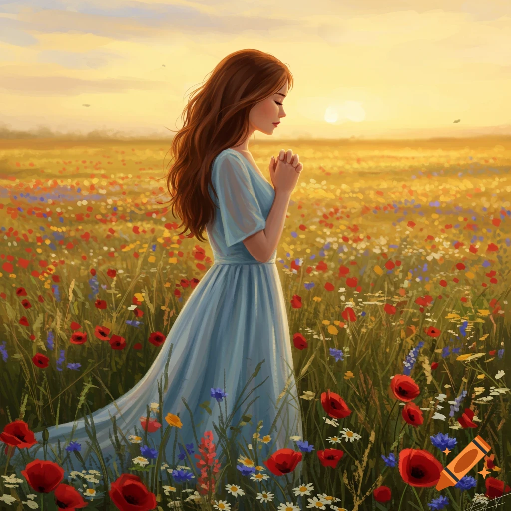A young woman with long brown hair in a light blue dress prays in a vibrant wildflower field at sunset, painted art style.