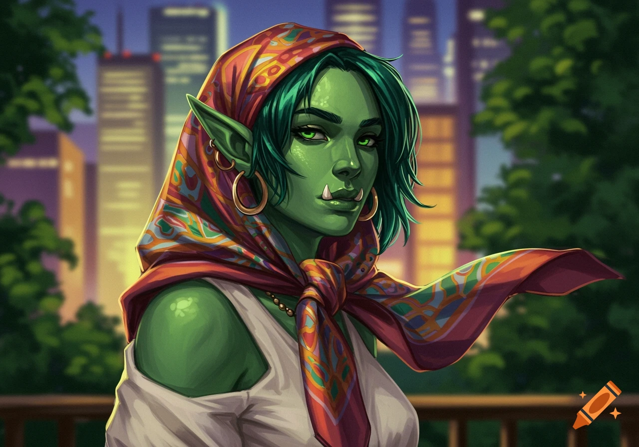 A green-skinned female half-orc with green hair and tusks, wearing a colorful headscarf and hoop earrings, against a blurred city background.