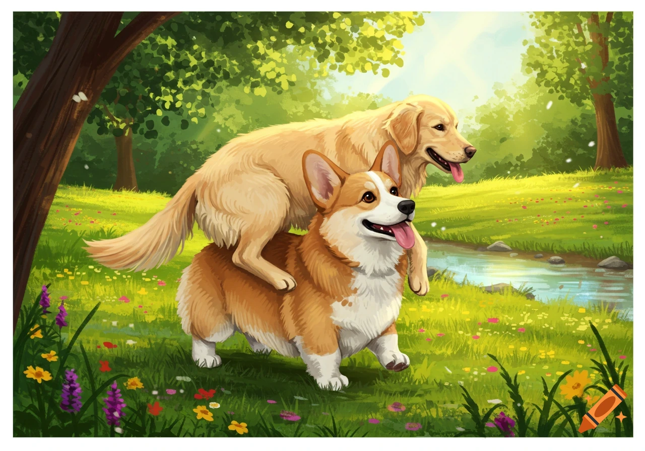 An illustration of a golden retriever standing playfully on a corgi's back in a sunny, flower-filled park with a stream.