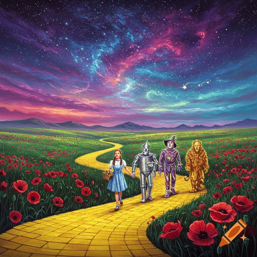 Dorothy, the Tin Man, Scarecrow, and Cowardly Lion walk on a yellow brick road through a field of red poppies under a vibrant, star-filled, psychedelic sky.