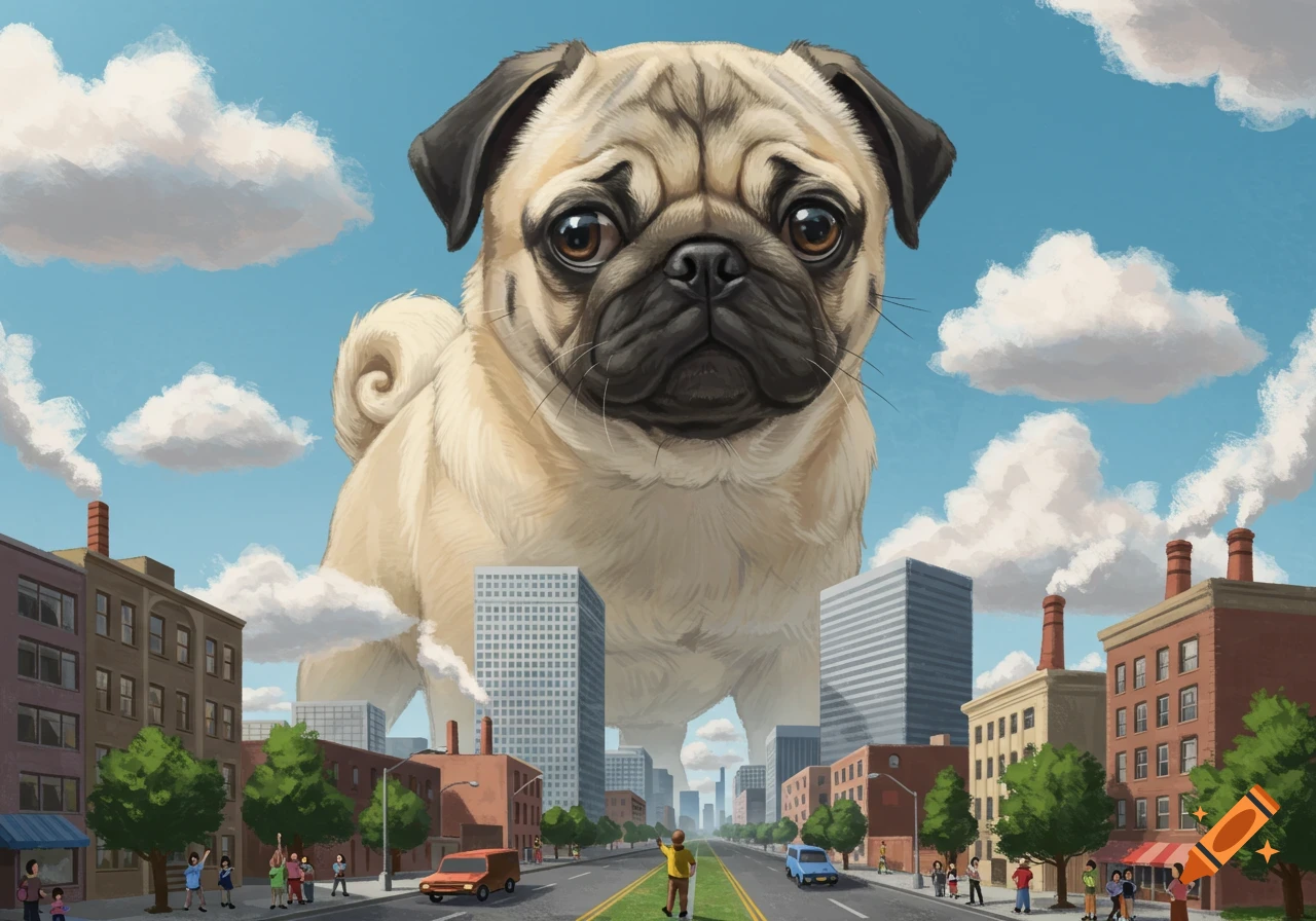 A giant pug dog stands over a city street with buildings, trees, and tiny people looking up under a cloudy blue sky.