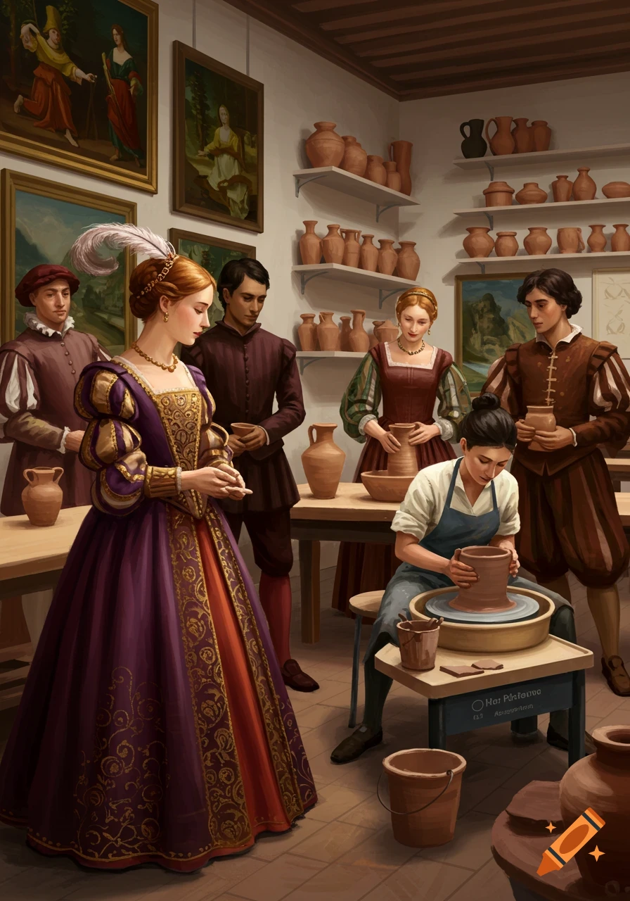 People in Renaissance-era clothing attend a pottery class, with one woman actively working at a pottery wheel.