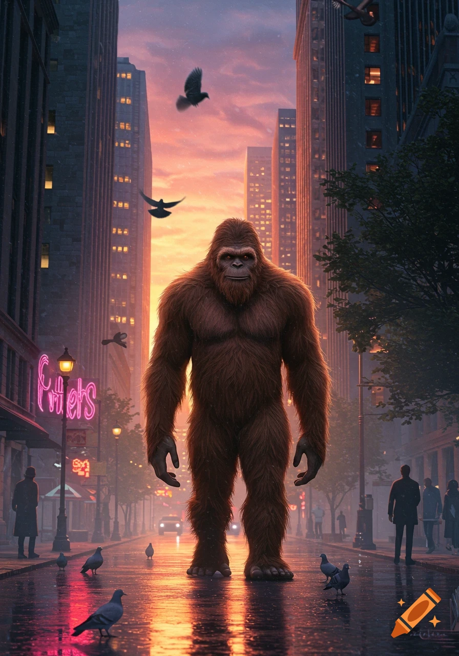 A large, brown, furry Bigfoot creature stands on a wet city street at sunset, tall buildings reflected in the puddles.