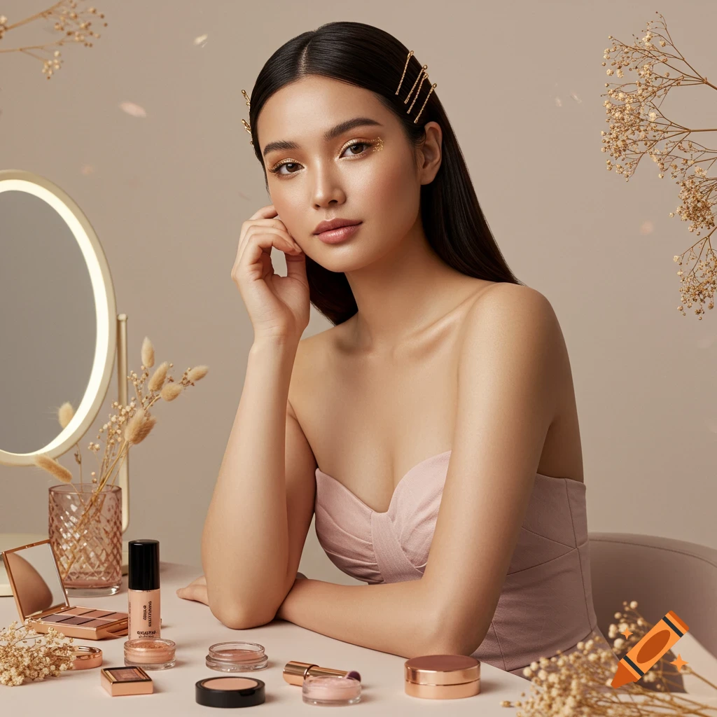 A woman with golden eye makeup in a pink top poses at a vanity table with makeup and dried flowers, looking at the camera.