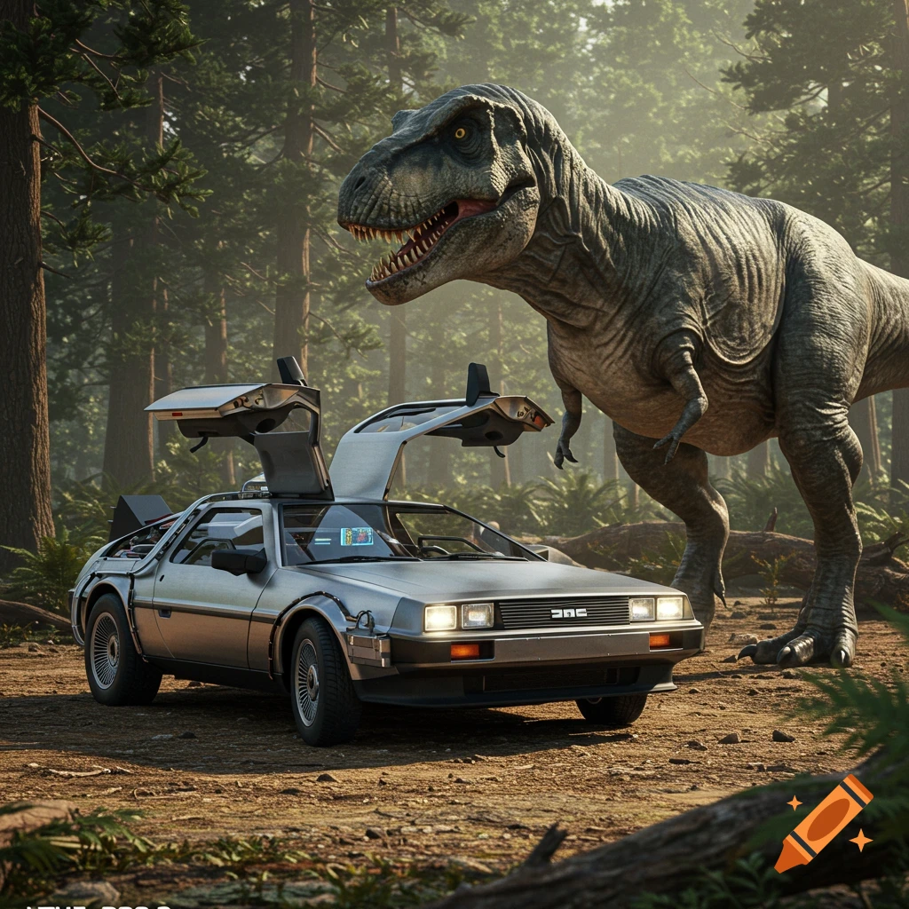 A realistic Tyrannosaurus Rex stands next to a silver DeLorean with its gull-wing doors open, in a lush forest.