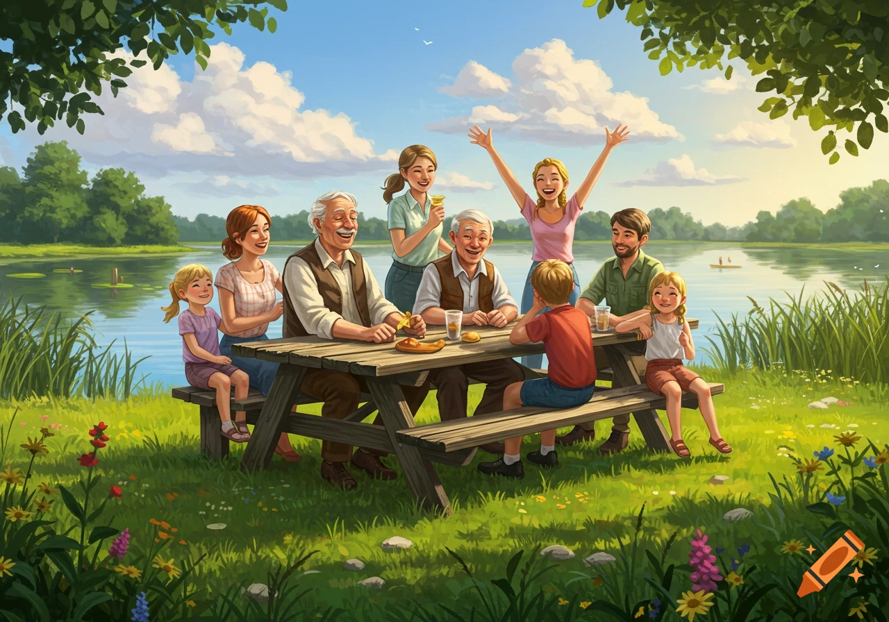 A cheerful multi-generational family enjoys a picnic by a lake, surrounded by green grass and trees, under a blue sky.