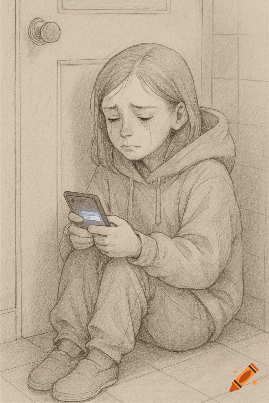 A pencil sketch of a sad girl crying, sitting on the floor with her phone, against a door.
