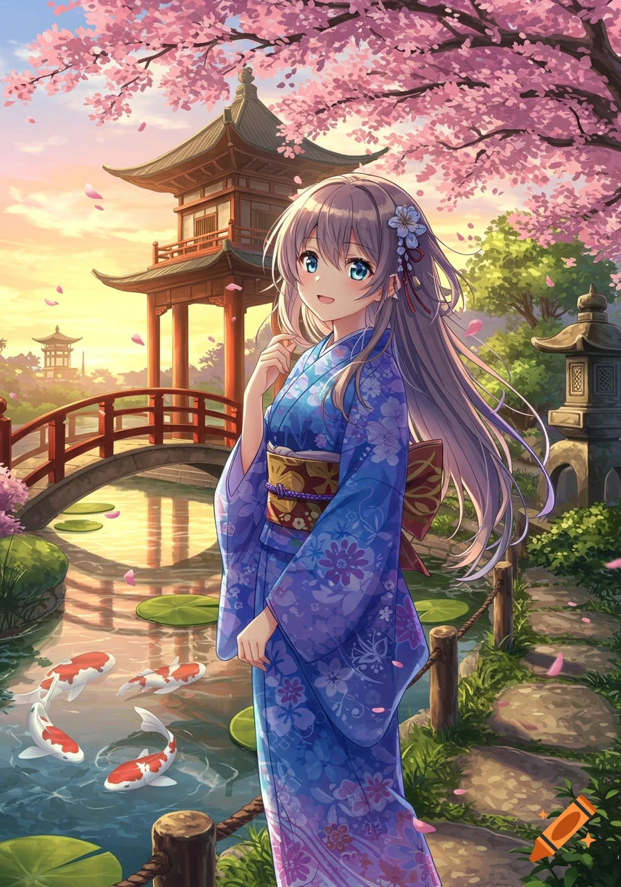 Anime girl in a blue kimono in a Japanese garden with cherry blossoms, a pagoda, and koi fish.