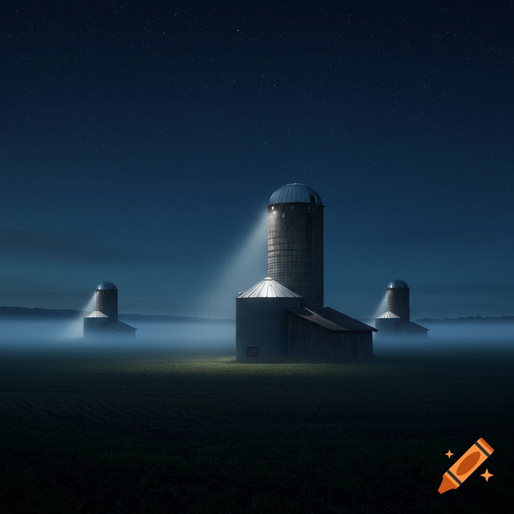 Three illuminated farm silos and a barn stand in a misty field under a starry night sky. Photorealistic style.